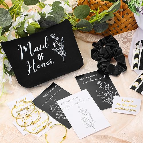 48 Pcs 8 Sets Bridesmaid Proposal Gifts Bulk Wedding Will You Be My Maid of Honor Matron of Honor Bridal Shower Makeup Bags Scrunchies Bracelets Cards for Wedding Bridesmaids(Black)3