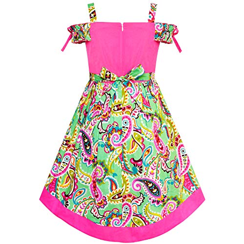 Sunny Fashion Girls Dress Cold Shoulder Paisley Green Pink Hi-Low Dress2