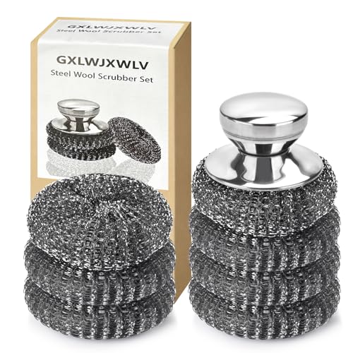 7PCS Steel Wool Scrubber Pads, Stainless Steel Scrubber Set with 1PCS Handle, Metal Scrubbers for...