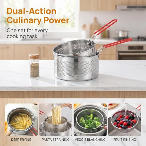Colador de fideos de acero inoxidable con mango extraíble para cocinar sin quemarse 8