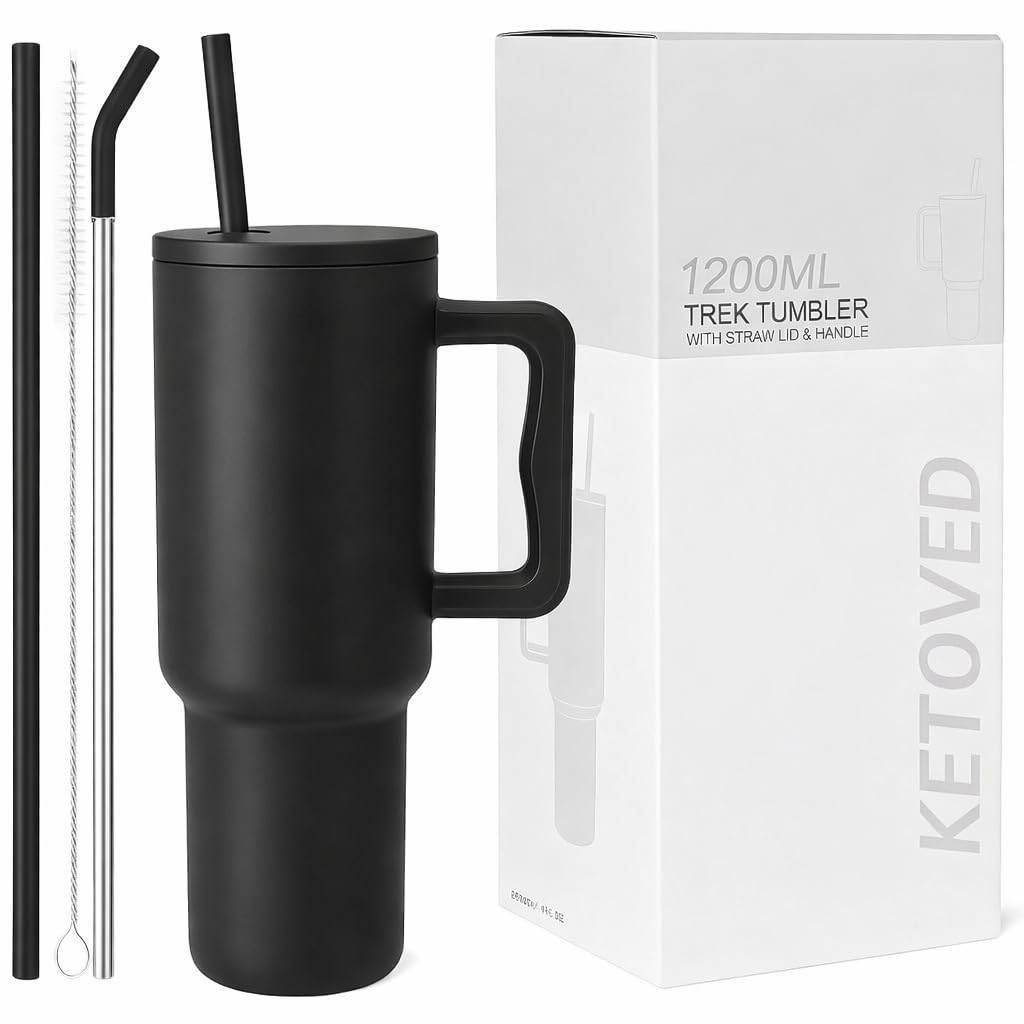 KETOVED Tumbler with lid and Straw 1200ML Cup Stainless Steel Vacuum Insulated Cup for Water, Iced Tea or Coffee 1.2L Office Gym Travelling; Tumbler with Straw. (40 - Oz - Black)