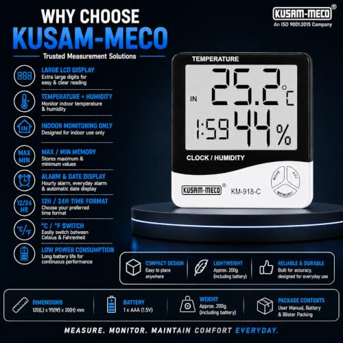 Image of Kusam-Meco Digital Thermo Hygrometer Model KM 918C Humidity Meter With Clock LCD Display