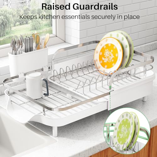 Image of SAYZH Dish Drying Rack - Expandable Dish Rack for Kitchen Counter, Rust-Resistant Dish Drainer with Utensil Holder and Raised Guardrail, Kitchen Organizer for Cup and Bottle (White)