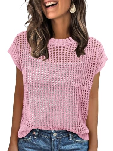 Image of ANRABESS Short Sleeve Sweater for Women Summer Crochet Knit Tops