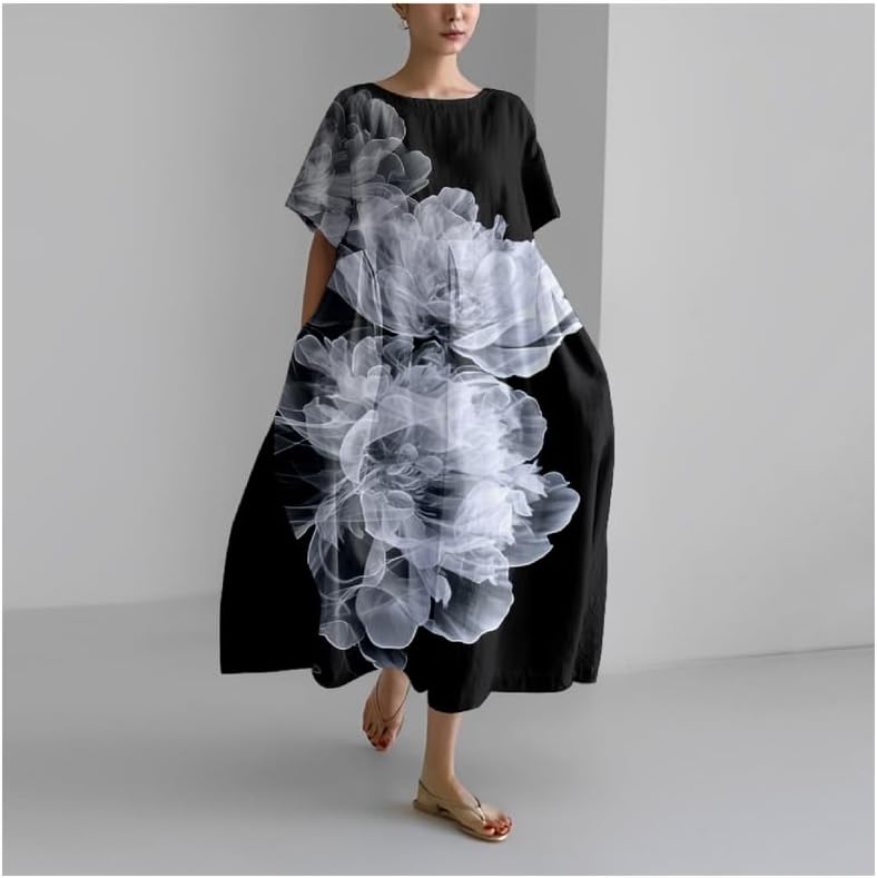 MARSVOVO Boho Maxi Dress for Women 2024 Summer Retro Rose Print Oversized Short Sleeve Western Art Painting Style Dress - Image 2