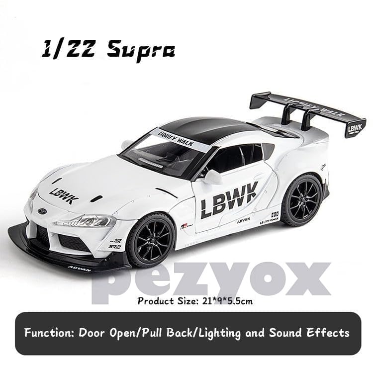 Image of 1 /22 Scale Big Toyota Supra GR LBWK Model Diecast Metal Pullback Toy car with Openable Doors & Light, Music Boys car for Kids Best Toys Gifts Toys for Kids-Black (White)