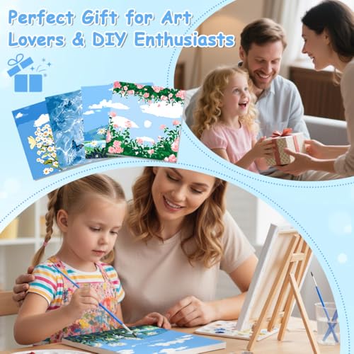 Image of HASTHIP 4PCS DIY Acrylic Paint by Numbers Kit with Frame, Floral & Landscape Canvas Art Set, Acrylic Paints & Brushes Included, Wall Decor Craft Kit for Adults & Beginners, 20x20cm