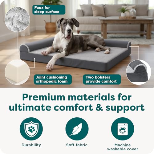 Image of Furhaven Orthopedic Dog Bed for Large Dogs w / Removable Bolsters & Washable Cover, For Dogs Up to 125 lbs - Two-Tone Plush Faux Fur & Suede L Shaped Chaise - Stone Gray, Jumbo Plus /XXL