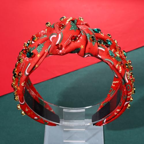 Yahpern Christmas Headband For Women Holiday Christmas Accessories Xmas Tree Snowflake Reindeer Candy Cane Knotted Headband Jeweled Crystal Pearl Wide Top Knot Headband Festive Holiday Hair Accessory Gifts thumb #4