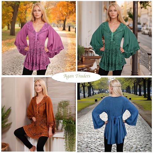 Agan Traders 2025 Summer Long Bell Sleeve Tops for Women - V Neck Asymmetrical Bohemian Blouses for Women3