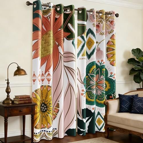 Image of Tyrot Boho Floral Grommet Blackout Curtains, 52W x 63L, 2 Panels