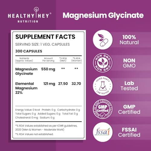 Image of HealthyHey Nutrition Magnesium Glycinate High Absorption for Sleep, Cramps, & Nerves Health -300 Vegetable Capsules