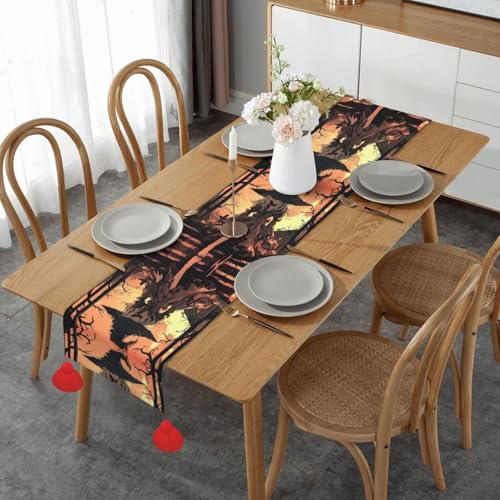 Chemin de table imprimé horreur d'Halloween lavable pour buffet et repas