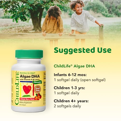 Childlife Essentials Algae Dha With Vitamin A & Lutein - Algae Dha Omega 3 Supplement, Chewable Dha For Kids, Supports Healthy Brain & Eye Development - Natural Berry Flavor, 60 Softgels #TOP1