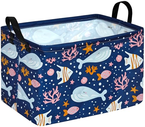 Image of Rectangle Gift Storage Basket Home Shelf Storage Basket Organizer Box Clothes Laundry Hamper Nursery Basket Laundry Basket with Handles (Whale)