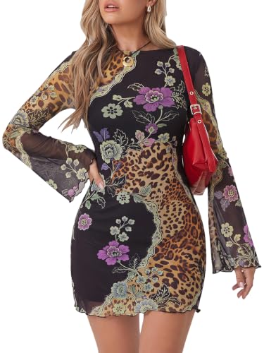 Image of Milumia Women's Leopard Print Mini Dress Y2k Bell Long Sleeve Short Dresses