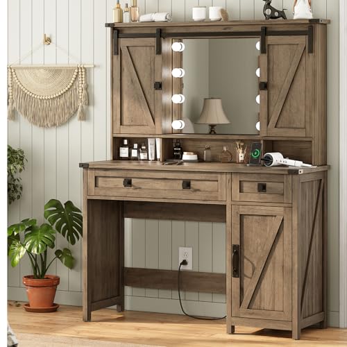 Image of AOGLLATI Makeup Vanity with Lights & Barn Doors, Vanity Desk with Mirror and Lights & Charging Station, Farmhouse Brown Vanity Table with Jewelry Hooks and Open Storage Shelves