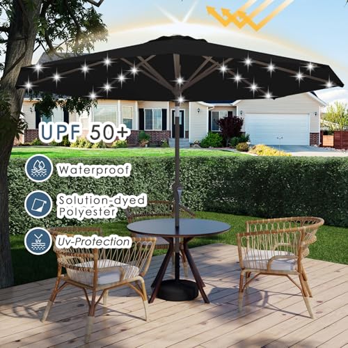 Image of 9FT Patio Umbrella with Solar Lights,Outdoor Market Umbrella with Tilt and Crank, LED Lighted Table Umbrella for Garden,Deck,Backyard,Pool,Beach (Black)