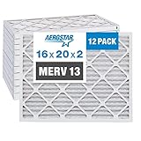 Aerostar 16x20x2 MERV 13 Pleated Air Filter, AC Furnace Air Filter, 12 Pack (Actual Size: 15 1/2' x 19 1/2' x 1 3/4')