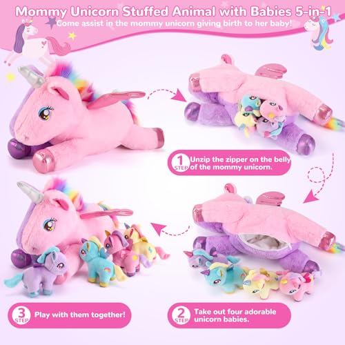 Image of 5 Pieces Unicorn Stuffed Animals - 1 Mommy Stuffed Unicorn with 4 Babies - Unicorns Gifts for Girls Ages 3-8, Unicorns Plush Toys for Christmas, Valentine's, Birthday Gifts (Pink & Purple)