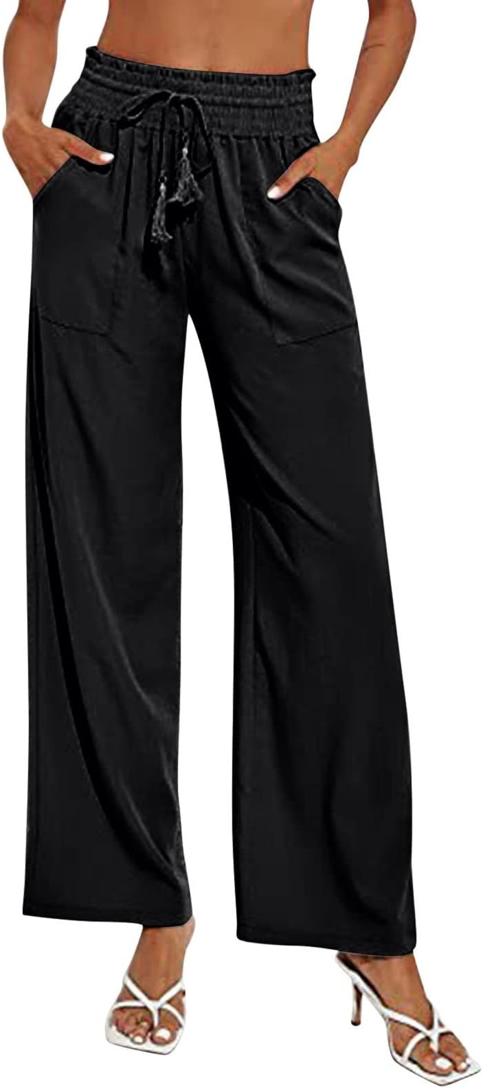 Womens Cotton Linen Pants High Waisted Wide Leg Drawstring Casual Loose Trousers with Womens Linen Beach Pants
