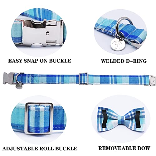 Image of DOGWONG Plaid Dog Collar with Bow tie-Summer Cotton Dog Collar Blue Plaid Pet Collars Comfortable Cute Collars for Small Medium Large Dogs