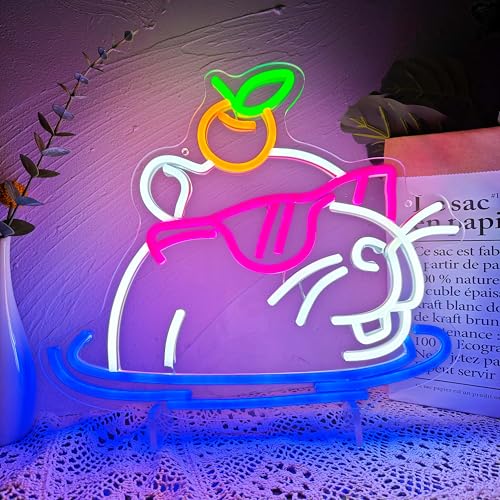 Image of Heliwey Cool Capybara Neon Sign Cute Capybara with Sunglasses LED Signs for Wall Decor Capybara Night Light for Children's Room Party Holiday Bar Decor