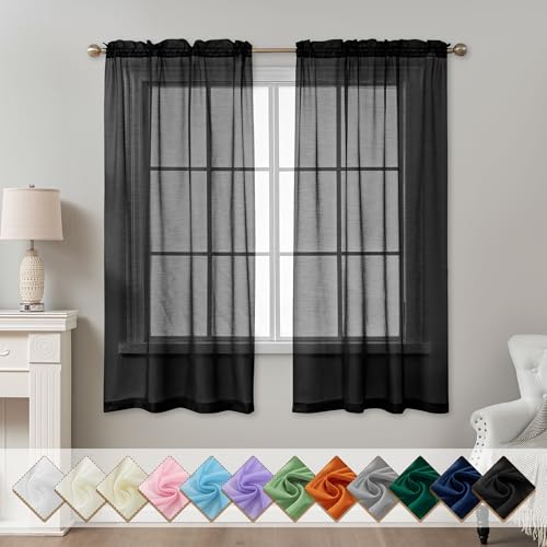 Image of Black Sheer Curtains 63 Inch Length, Privacy Semi Sheer Curtains for Living Room Bedroom, Light Filtering Rod Pocket Voile Window Drapes 2 Panels Set, Each 42 inch W x 63 inch L