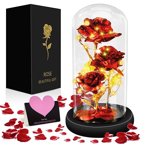 MOYKSRR Cúpula de cristal rosa eterna con 3 rosas rojas y base de madera negra, decoración del hogar, regalo sorpresa para el día de San Valentín, día de la madre, cumpleaños, aniversario