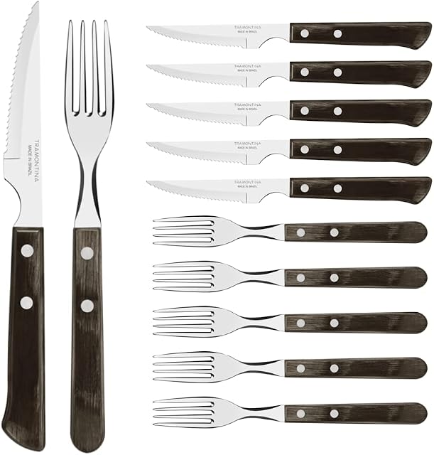 Tramontina Churrasco Premium Steak Knife Fork Set, 12 Piece with Brown Wooden Handles