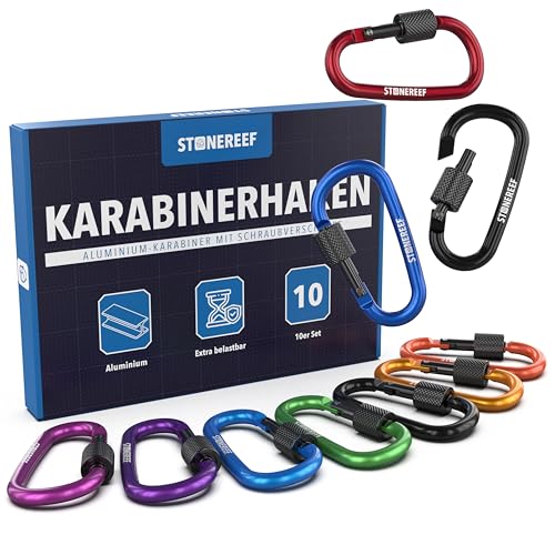 STONE REEF 10er-Pack Mini Karabinerhaken (75 x 42 mm) - Aluminium Karabiner Klein mit Schnappverschluss - Vielseitig einsetzbar für Camping, Reisen, Wandern, Rucksack & Schlüsselanhänger