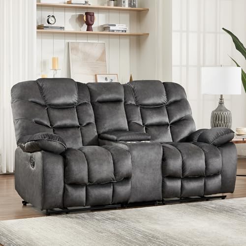 Image of HAOMARKETS Manual Reclining Loveseat Sofa for Living Room, 77 inch Wide Overstuffed 2-Seater Recliner Couch with Cup Holders & Storage Console, Breathable Fabric and Padded Seat, Grey
