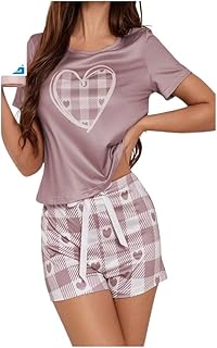 بيجامة شورت حريمى صيفي - لون كشمير مطبوع قلب - قطن ناعم ومريحة النوم والبيت ملابس حتى 75 كيلو