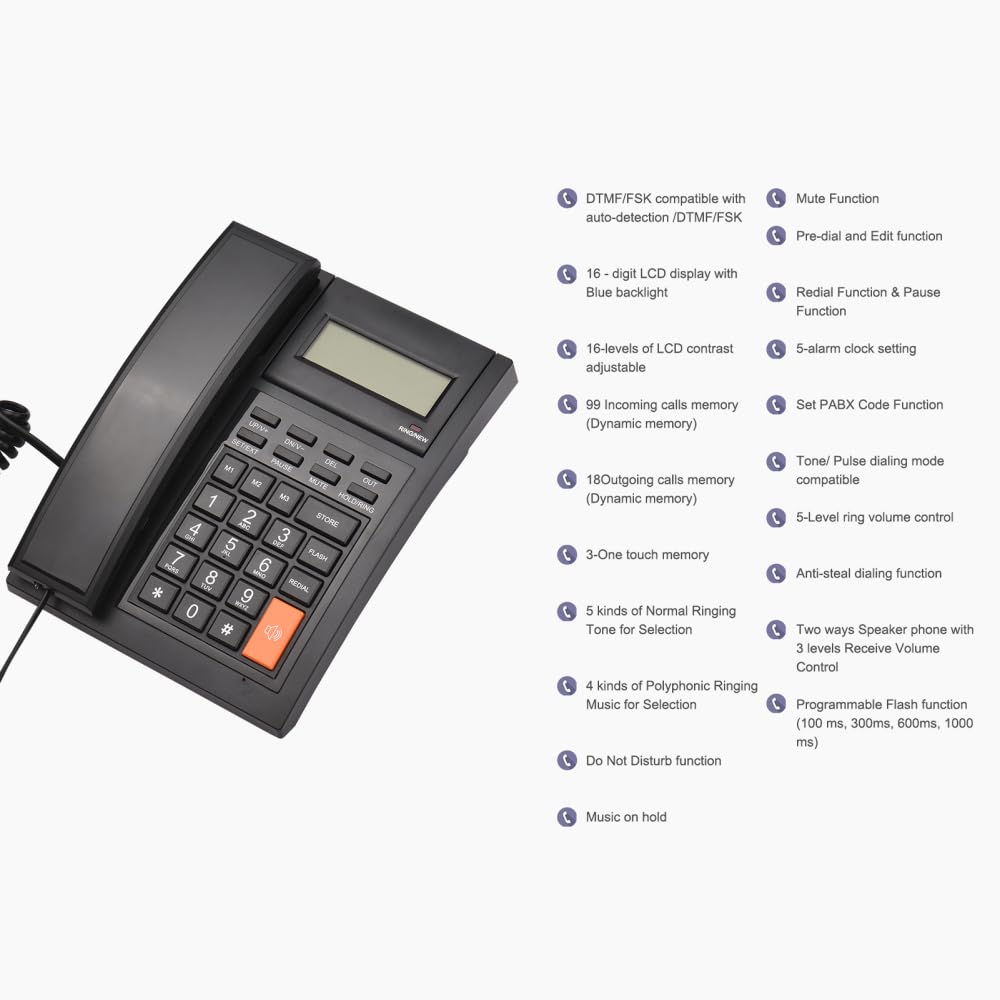 Supporto fisso da parete per telefono fisso con cavo, funzione vivavoce, quadrante rapido, controllo del volume, retroilluminazione LCD a 16 cifre, per hotel, ufficio, casa e lavoro