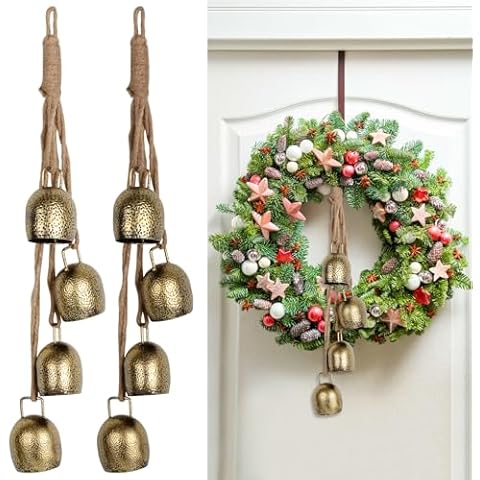 SIX FOXES 2PCS Cow Bell,Bells Ornament 2024,Christmas Bells for Decoration,Decorative Bells,Metal Tibetan Inspired Meditation Decorative Cow Bell with Jute Hanging Rope Cover