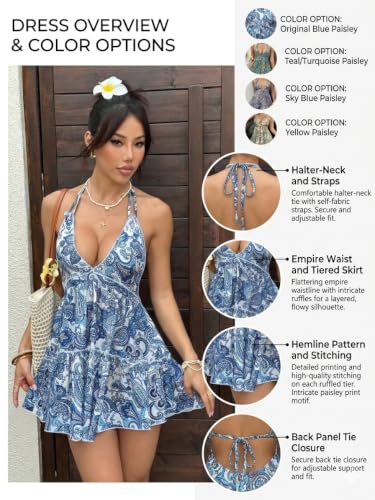 Image of KATECLO Women's Halter Backless Paisley Print Mini Dress - Summer Beach Vacation Sundress, Flowy A-Line Casual Resort Outfit