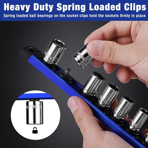 Image of WORKPRO Magnetic Socket Organizer, 1 /4-Inch Drive Aluminum Alloy Sockets Rail, Heavy Duty Sockets Holder, Socket Rack Kit 1 /4-Inch x 12 Clips (Blue)