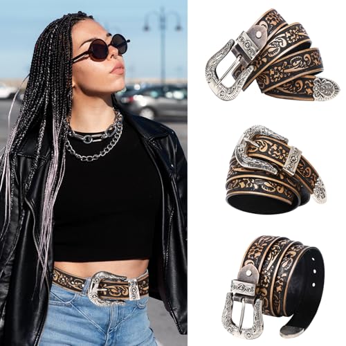 Western Floral Engraved Embossed Tooled Genuine Leather Belt, Vintage Distressed Punk Belt Cowboy Belts for Jeans Dresses4