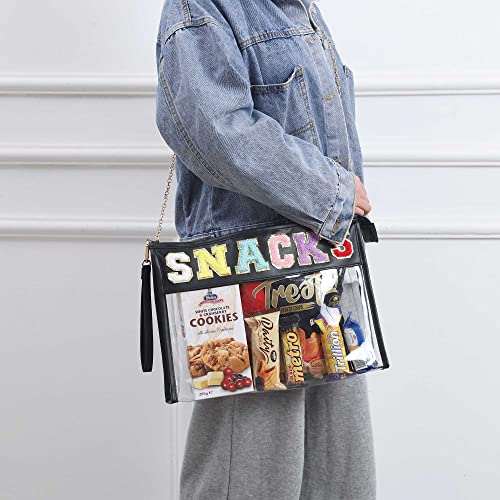 Image of Chenille Letter Clear Bag Purse Multi-purpose Transparent Waterproof Snacks Makeup Tote Bag with Wrist Strap