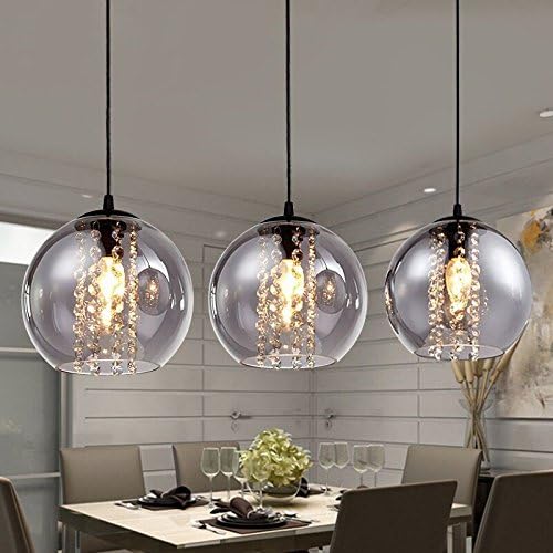 Modern Glass Ball Crystal Ceiling Light Kitchen Bar Pendant Lamp Lighting,Grey-3 Lights with Round Base [Energy Class A++]