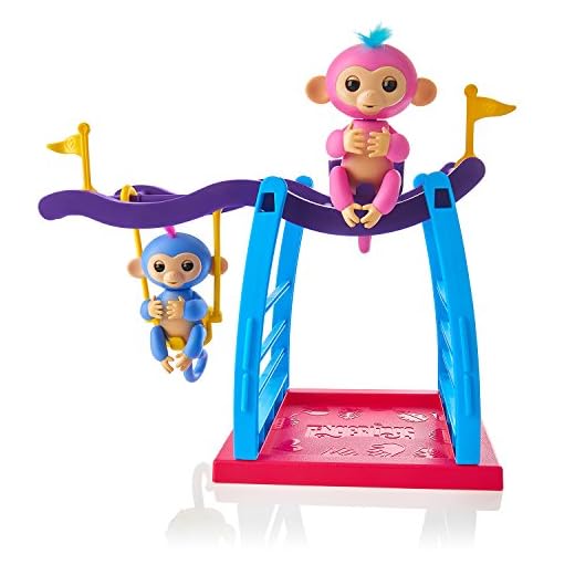WowWee Playset Bar/Swing Playground with 2 Fingerlings Baby Monkey Toys, Liv (Blue) and Simona (Bubblegum Pink)