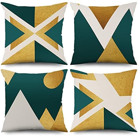 Baiyiguiyi Set of 4 Cushion Cover, Geometric Cushion Cover Modern Pillow Cushion Cover, Green And Gold Cushion Cover Decoration Imitation Linen Pillowcase Decoration For Living Room, 40 x 40cm Cover