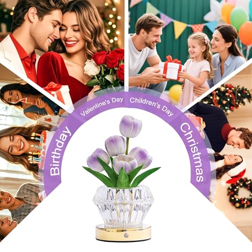 Image of Artificial Purple Tulip Flower Lamp Night Light with Crystal Vase, Gifts for Women Mom Grandma Girlfriend Birthday Christmas Valentines Mothers Day Bedroom Home Shop Cafe Decor
