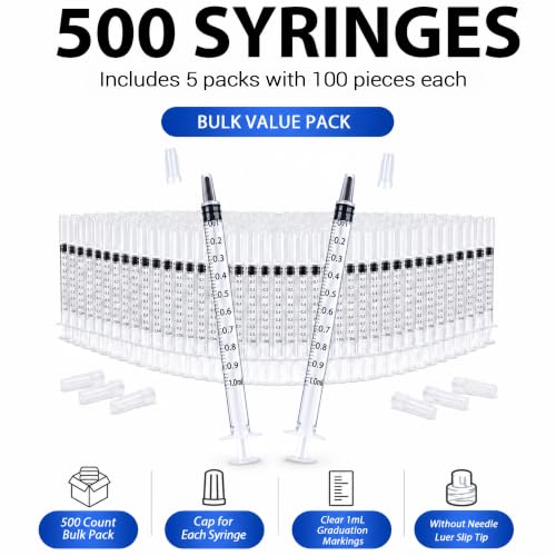 Image of 500 Pack 1ml Syringe with Cap for Liquid, 1cc Plastic Small Syringes without Needle with Cover, Non-Sterile, No Needle