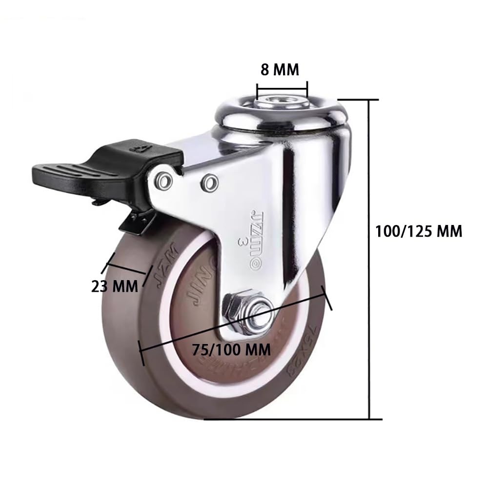 8 MM Foro Superiore Universale Ruote, Ruote in Gomma 3/4 Pollice, Ruote Pivottanti Silenziose con Freni per Carrelli, Mobiletti, 4 Pezzi(with Brake,3 inch)