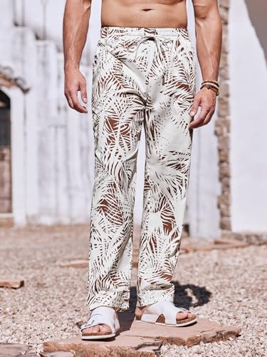 Image of PASLTER Mens Cotton Linen Pants Casual Summer Beach Pants Dress Trousers | Loose Fit, Elastic Drawstring Waist, Lightweight, Straight-Legs, Slacks, Yoga, Work, Vacation, Quick Dry