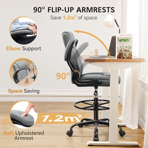 Image of Drafting Chair, Tall Office Chair for Standing Desk, High Executive Leather Ergonomic Computer Chair with Adjustable Height and Flip-Up Armrest for Counter Height Desk, Grey, Pack of 1