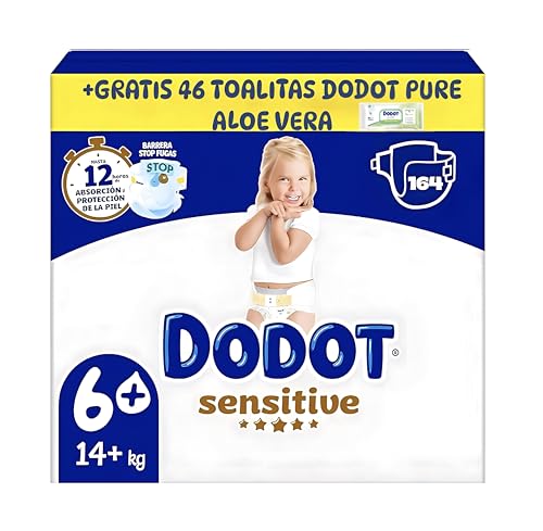 Dodot Sensitive Pañales, Talla 6 +, Extra Absorción, 164 Unidades, Para Bebés 14+ kg, 12 Horas de Protección, Con Barreras Antifugas y Materiales Ultra Suaves