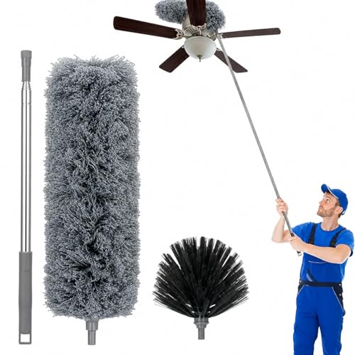 Image of 2-in-1 Microfiber Ceiling Duster with 100-Inch Extendable Pole, Anti-Scratch Bendable Head - Washable Long-Handle Cleaner for High Ceilings, Fans, Blinds & Cobwebs (Grey)