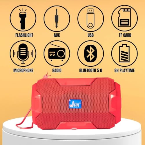 Image of Portable Wireless Bluetooth Speaker 5W with Built-in Torch, Deep Bass Stereo Sound, Long Battery Life, AUX Input, Rugged Water Resistant Design for Outdoor & Indoor (Red)